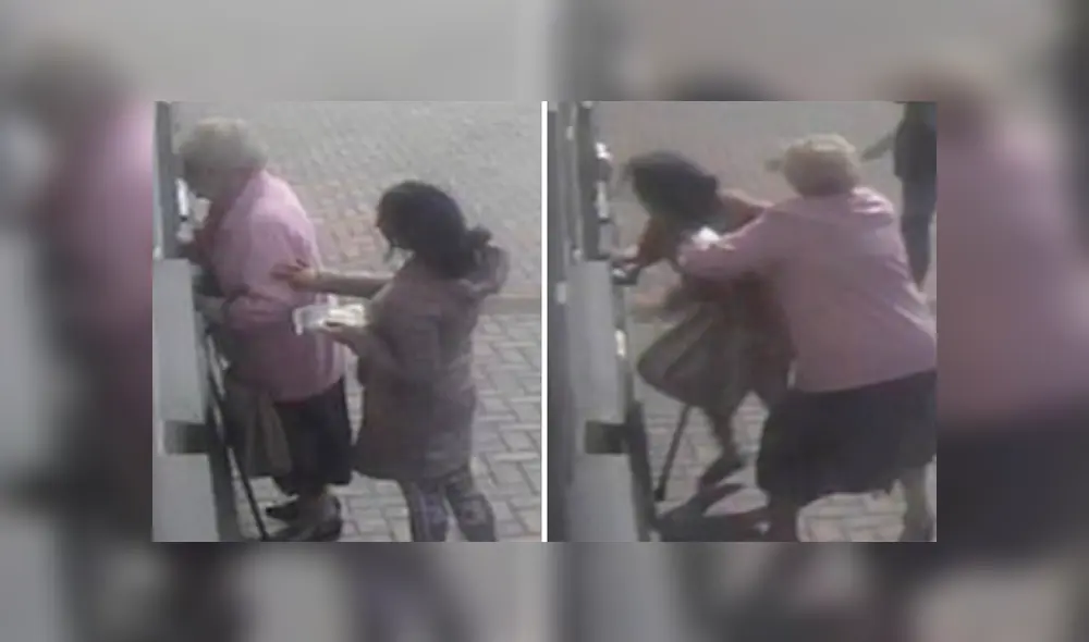 Dos hombres se quedaran viendo el incidente sin hacer nada por defender a la anciana. Foto: captura Dos hombres se quedaran viendo el incidente sin hacer nada por defender a la anciana. Foto: captura