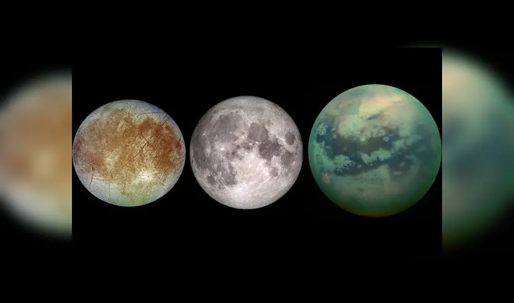 De izquierda a derecha: Europa, satélite de Júpiter; Luna, satélite de la Tierra; Titán, satélite de Saturno. Imágenes: NASA.