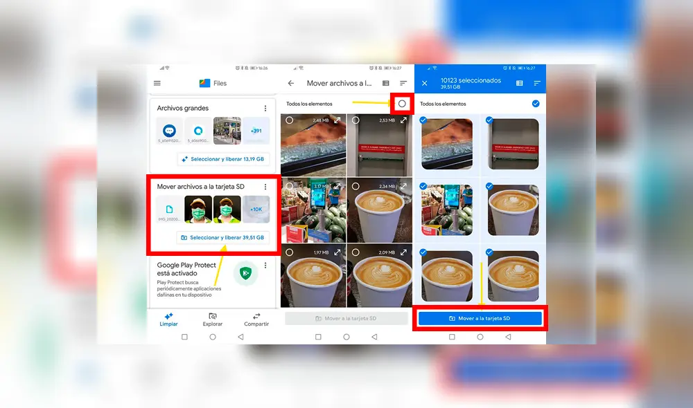 Descarga Google Files en tu Android y busca la opción de mover fotos a SD.
