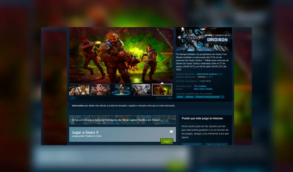 Gears 5 estará gratis en Steam hasta el 12 de abril. Gears 5 estará gratis en Steam hasta el 12 de abril.