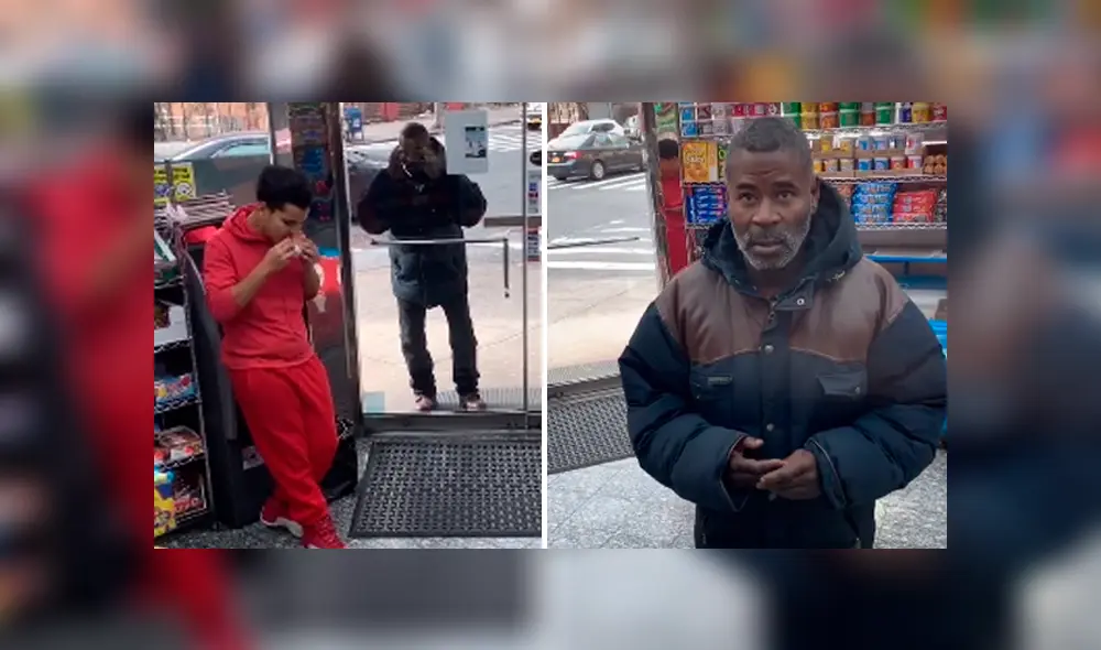 El vagabundo se quedó mirando a un hombre que comía al interior de la tienda y el dueño del local que miró todo decidió ayudarlo. Foto: captura El vagabundo se quedó mirando a un hombre que comía al interior de la tienda y el dueño del local que miró todo decidió ayudarlo. Foto: captura