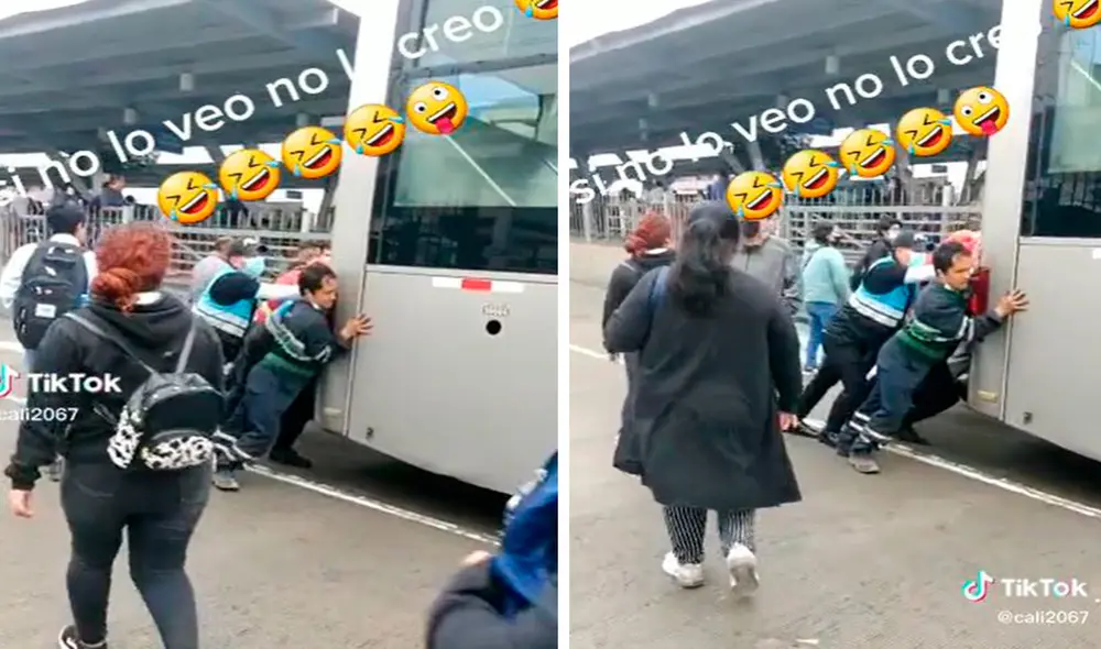 A pesar de los esfuerzos, les resultó complicado sacarlo de la vía a causa de las grandes dimensiones del vehículo. Foto: composición LR/TikTok/@cali2067