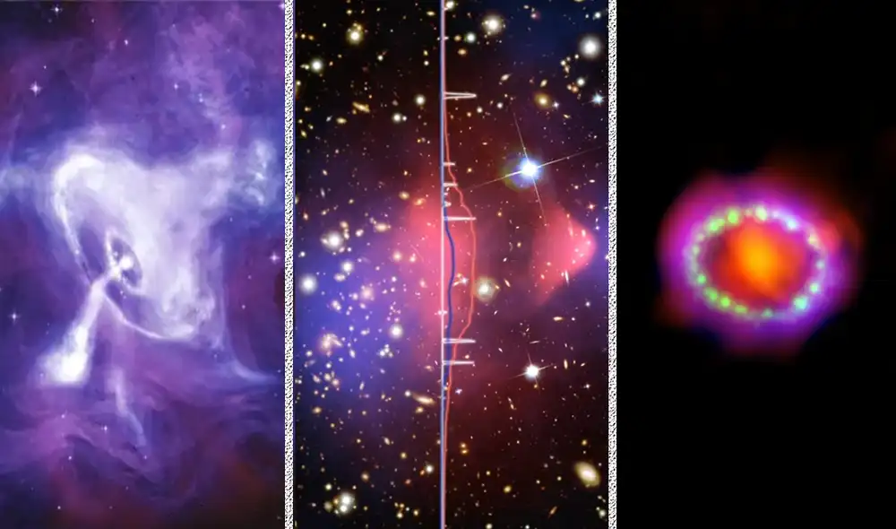 De izquierda a derecha: la Nebulosa del Cangrejo, dos cúmulos de galaxias que chocan y la supernova 1987A | Fotos: NASA