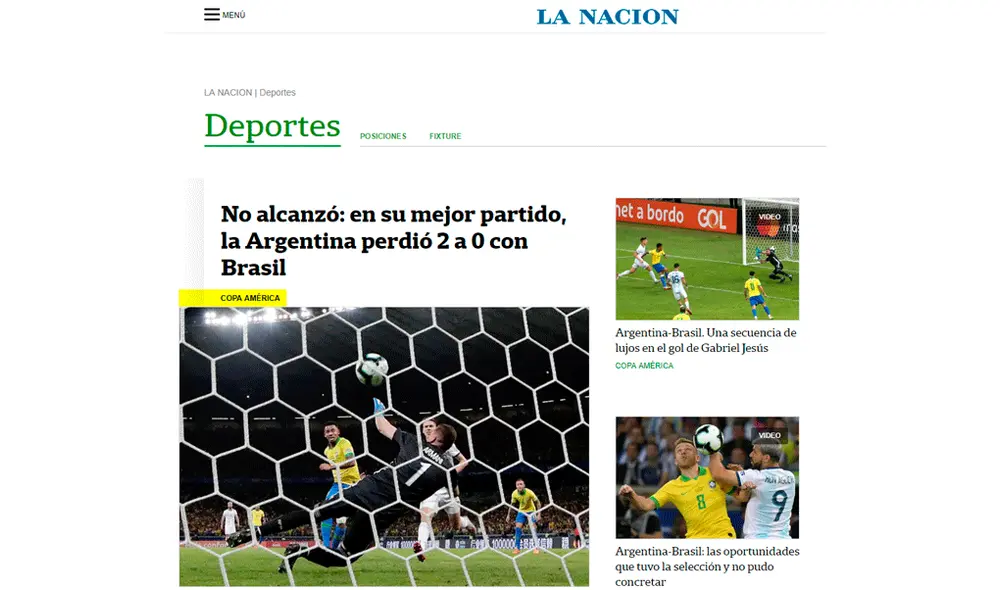 Prensa argentina reaccionó tras la eliminación de su selección ante Brasil en la Copa América 2019. | Foto: La Nación Prensa argentina reaccionó tras la eliminación de su selección ante Brasil en la Copa América 2019. | Foto: La Nación