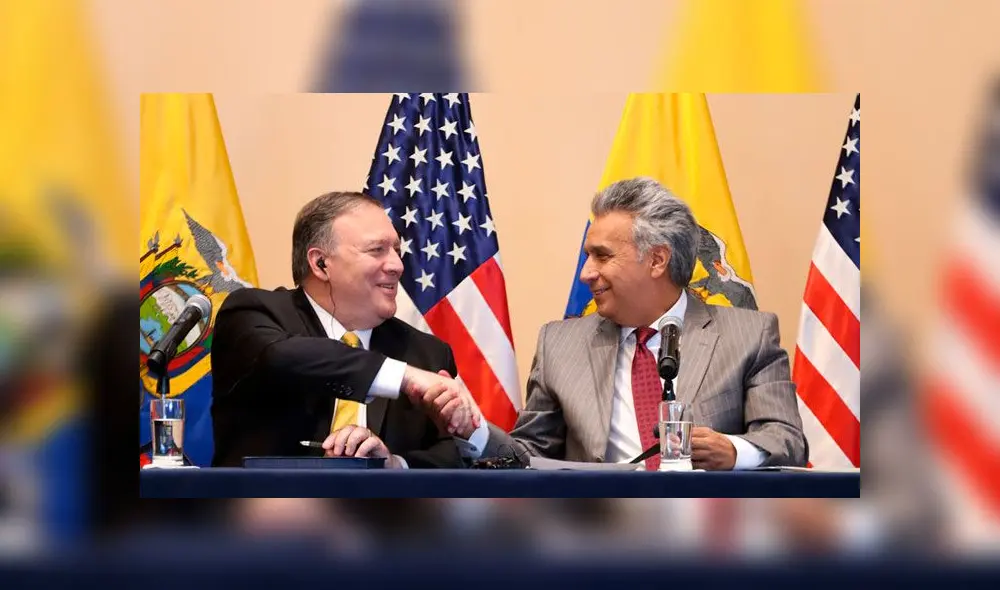El Secretario de Estados Unidos y el presidente de Ecuador, Lenín Moreno, el pasado 20 de julio del 2019. Foto: AFP. El Secretario de Estados Unidos y el presidente de Ecuador, Lenín Moreno, el pasado 20 de julio del 2019. Foto: AFP.