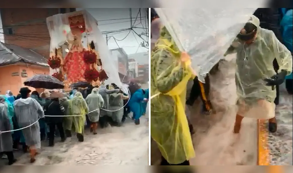 Fuerte aguacero sorprendió a feligreses durante procesión.