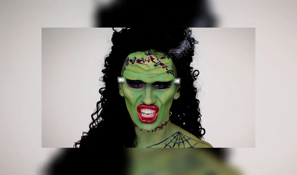 La joven se pintó todo el rostro y parte de su cuerpo para lucir como la terrorífica novia del personaje de Mary Shelley. Foto: captura