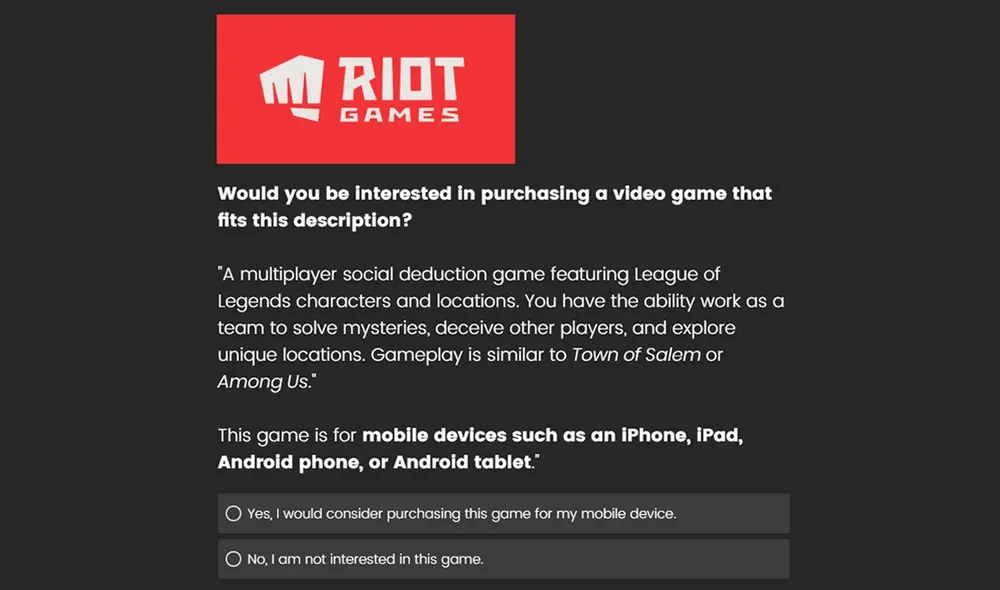 Encuesta que Riot Games envió a los usuarios de League of Legends. Foto: Twitter