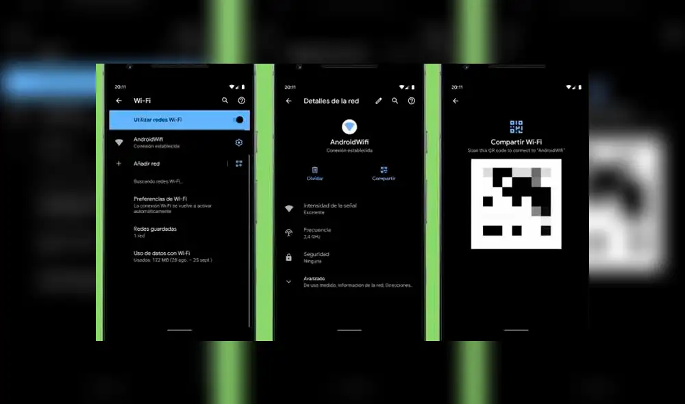 Desde la beta de Android Q, hoy Android 10, se puede compartir claves de red Wi-Fi registradas con código QR.