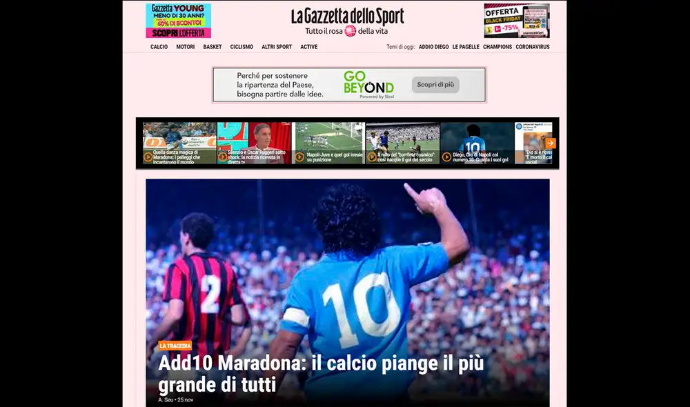 Gazzetta dello Sport informó así sobre la muerte de Diego Armando Maradona. Foto: captura