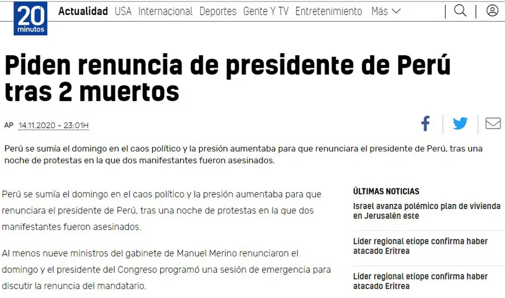 20 Minutos informa sobre el clamro del pueblo. Foto: Captura de 20 Minutos 20 Minutos informa sobre el clamro del pueblo. Foto: Captura de 20 Minutos