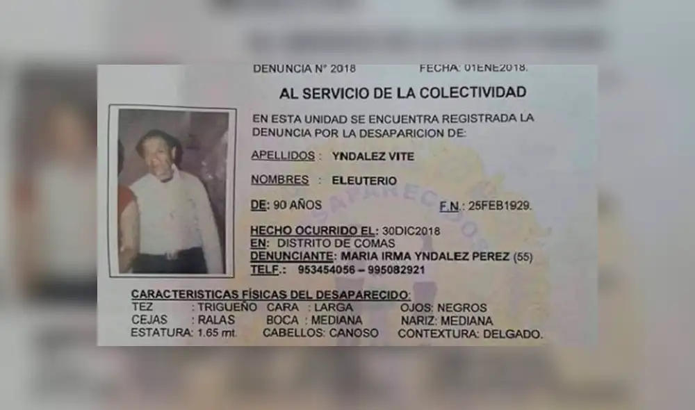Comas: Policía busca a anciano de 90 años que desapareció en el distrito 