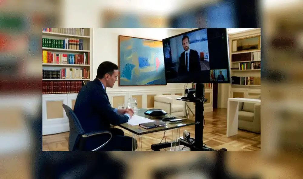Pedro Sánchez y Pablo Casado en reunión telemática.