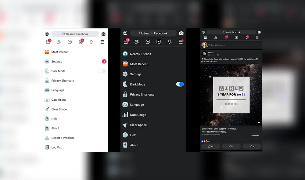 Ajustes del modo oscuro de Facebook en inglés.