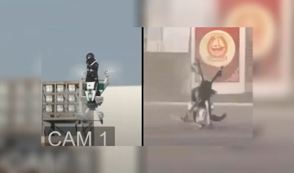 El piloto de la 'moto voladora' terminó perdiendo el control y cayó al vacío. Foto: Composición/ Policía Dubái