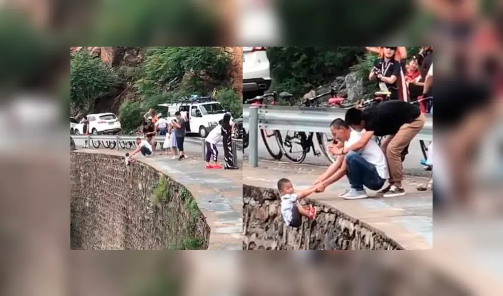 El menor de edad fue puesto en riesgo para que el padre pudiera conseguir una fotografía con la ayuda de otro sujeto. Foto: Weibo El menor de edad fue puesto en riesgo para que el padre pudiera conseguir una fotografía con la ayuda de otro sujeto. Foto: Weibo