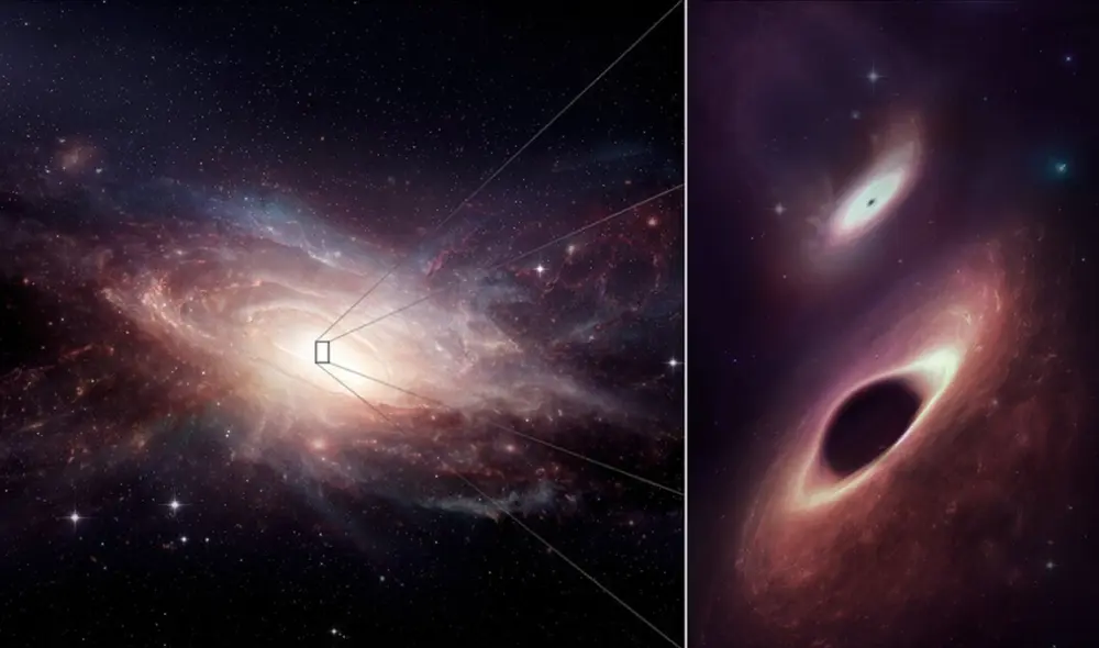 Los astrónomos han descubierto dos agujeros negros muy cercanos entre sí que una vez pertenecieron a dos galaxias distintas. Foto: ALMA / W. Neiss Los astrónomos han descubierto dos agujeros negros muy cercanos entre sí que una vez pertenecieron a dos galaxias distintas. Foto: ALMA / W. Neiss