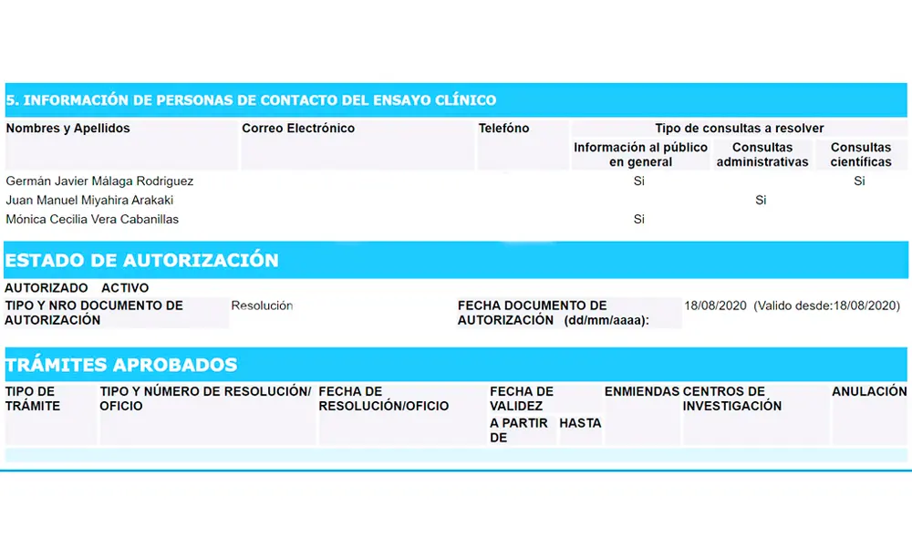 Perú autoriza el primer ensayo clínico de la vacuna contra el coronavirus. Perú autoriza el primer ensayo clínico de la vacuna contra el coronavirus.