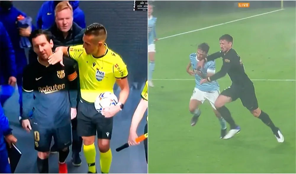 El árbitro le explicó de manera explícita la expulsión de Lenglet a Lionel Messi. | Foto: Captura de ESPN