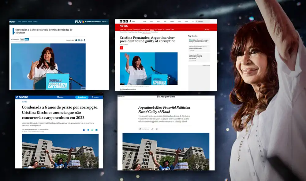 La condena a la vicepresidenta Cristina Kirchner viene siendo tendencia entre los medios internacionales. Foto: composición Fabrizio Oviedo LR/@CFKArgentina/Twitter/captura BBC/The New York times/TvAzteca/O Globo.