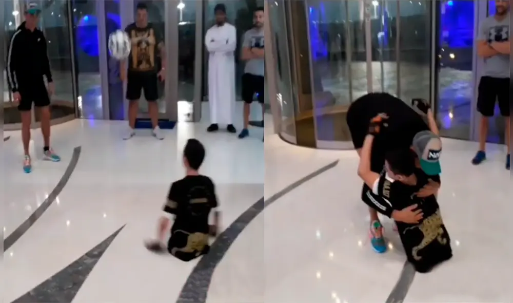 El portugués jugó con el balón junto al pequeño y luego lo abrazó tiernamente. Foto: captura de video.