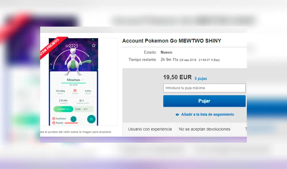 Jugador de Pokémon GO vende a Mewtwo shiny en Ebay