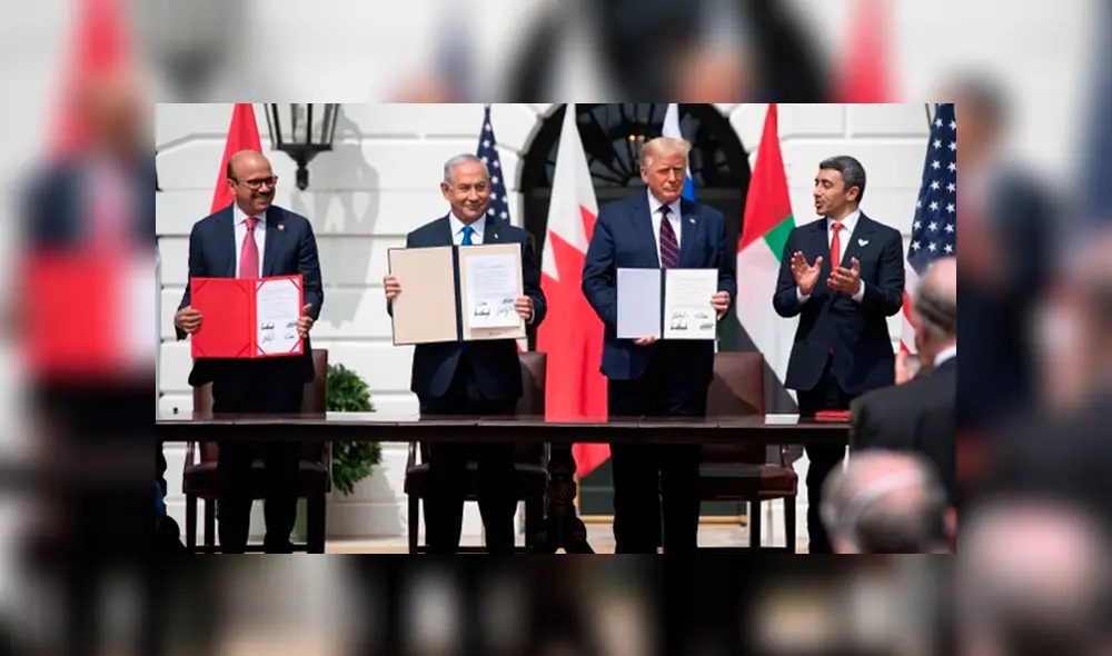 "Tras décadas de división y conflicto, hoy marcamos el amanecer de un nuevo Medio Oriente", expresó Donald Trump. Foto: AFP "Tras décadas de división y conflicto, hoy marcamos el amanecer de un nuevo Medio Oriente", expresó Donald Trump. Foto: AFP