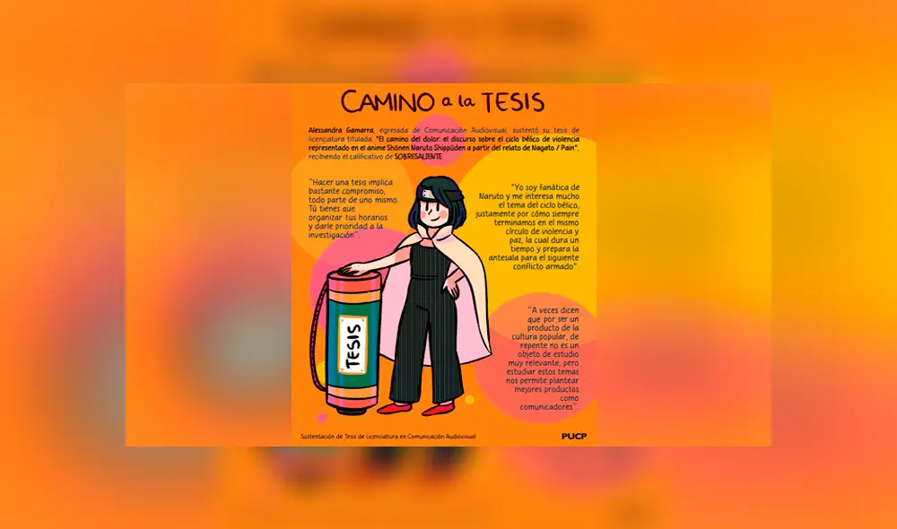 La joven obtuvo el título tras sustentar sobre el ciclo bélico de violencia representado en el anime. La joven obtuvo el título tras sustentar sobre el ciclo bélico de violencia representado en el anime.