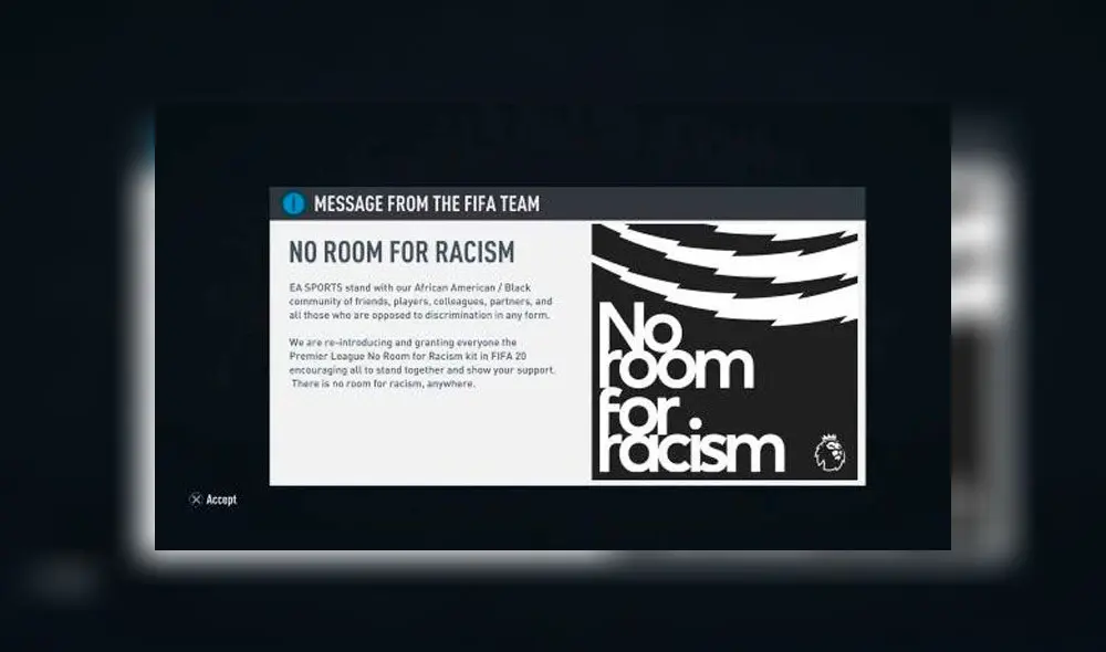 EA Sports ha publicado un mensaje en FIFA 20 apoyando al movimiento Black Lives Matter EA Sports ha publicado un mensaje en FIFA 20 apoyando al movimiento Black Lives Matter