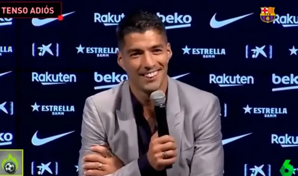 Luis Suárez brindó una conferencia para despedirse del club y sus compañeros. Foto: Captura de Barca TV