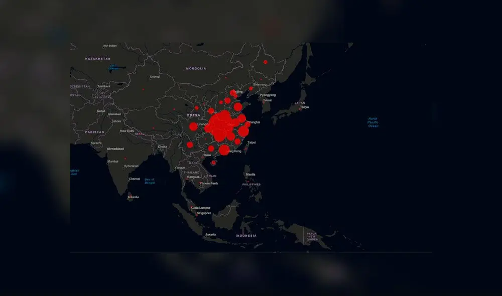 El coronavirus ya está en tres continentes. Imagen: Universidad de Hopkins. El coronavirus ya está en tres continentes. Imagen: Universidad de Hopkins.