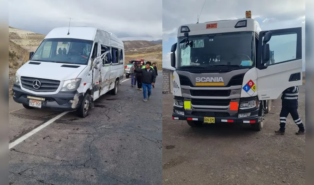 Arequipa. minivan y trailer encapsulado colisionaron con las parte lateral izquierda. Foto PNP Arequipa. minivan y trailer encapsulado colisionaron con las parte lateral izquierda. Foto PNP