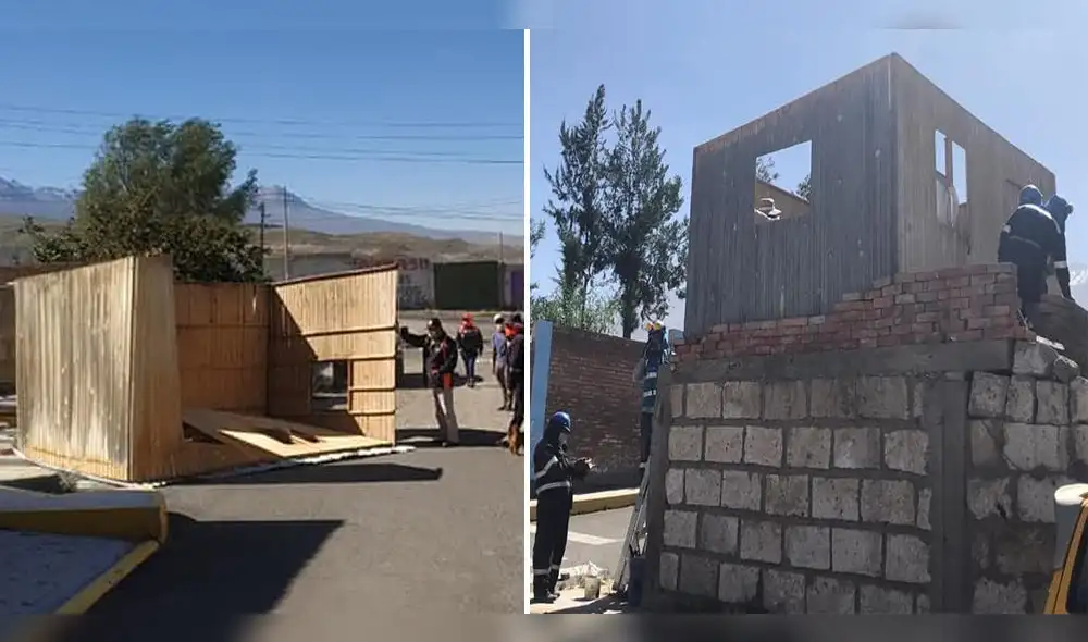 Trabajadores municipales ayudaron a levantar nuevamente vivienda prefacricada. Trabajadores municipales ayudaron a levantar nuevamente vivienda prefacricada.