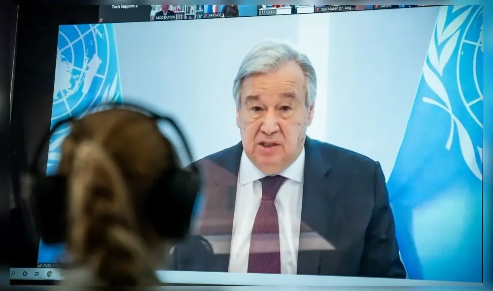 El secretario general de la ONU, Antonio Guterres, en videoconferencia. Foto: AFP.