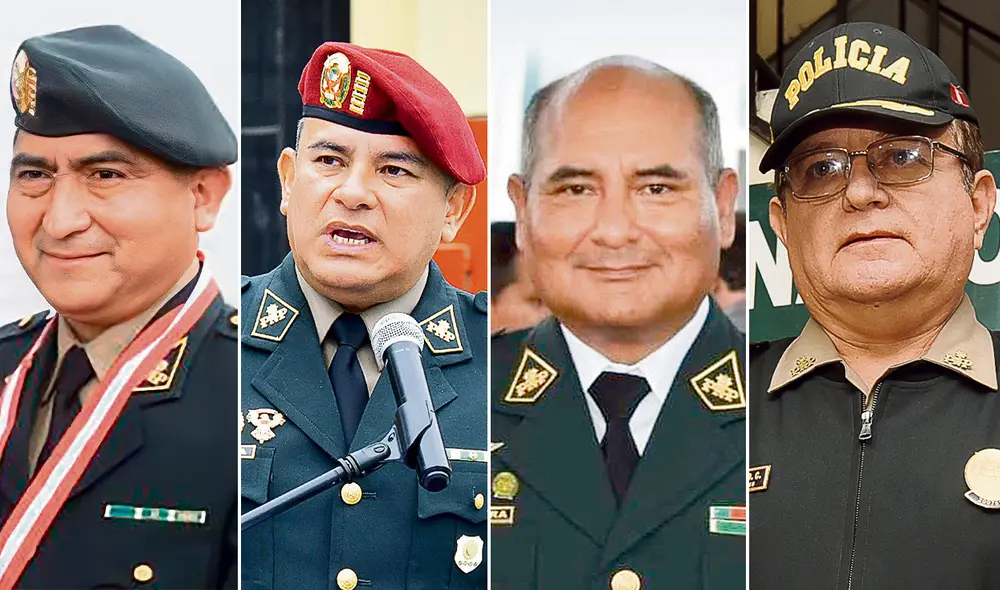 Promovidos a general PNP. De izquierda a derecha, los coroneles de la Policía Nacional David Villanueva Yana, Javier Vela Arangoitia, Benito Cabrera Quispe y Ghino Malaspina del Castillo. Foto: composición/ difusión Promovidos a general PNP. De izquierda a derecha, los coroneles de la Policía Nacional David Villanueva Yana, Javier Vela Arangoitia, Benito Cabrera Quispe y Ghino Malaspina del Castillo. Foto: composición/ difusión