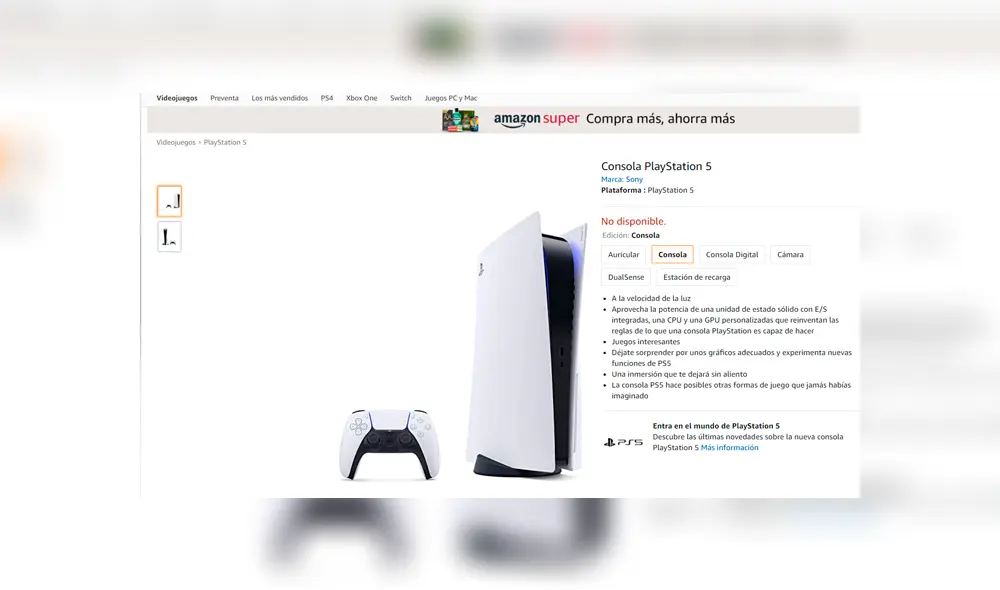 Amazon inauguró páginas para iniciar la venta de PS5 a inicios de la semana. Foto: Amazon.
