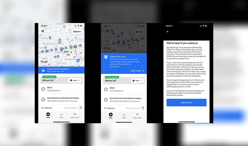 Uber muestra un mensaje en su app recordándole a los usuarios que se movilicen solo si es esencial. Uber muestra un mensaje en su app recordándole a los usuarios que se movilicen solo si es esencial.