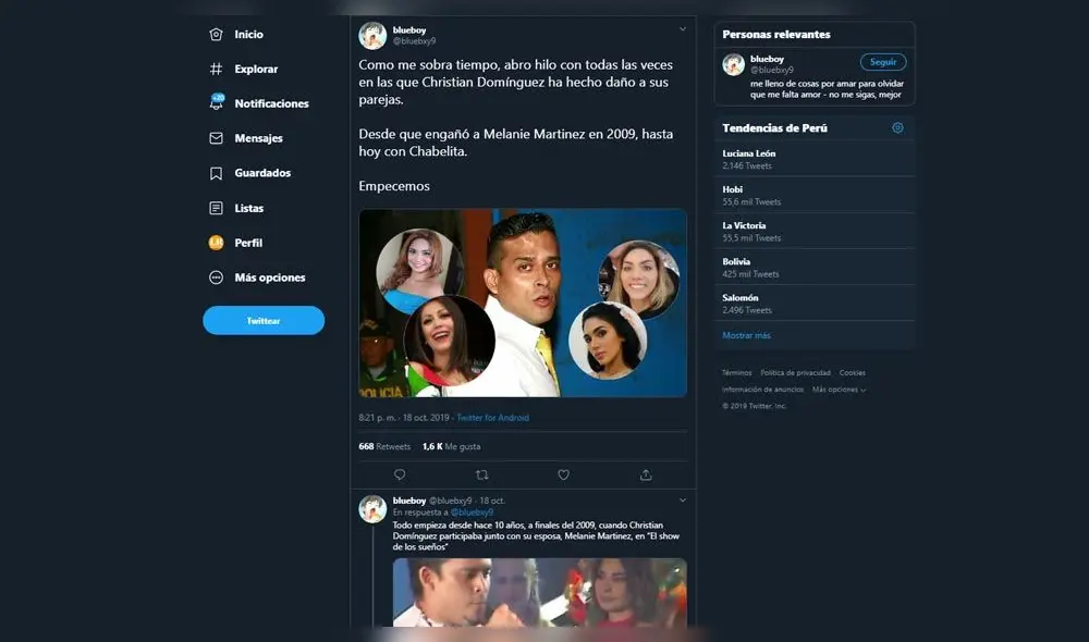 Usuaria de Twitter cuenta el "hilo de infidelidades" de Christian Domínguez. Fuente: Twitter