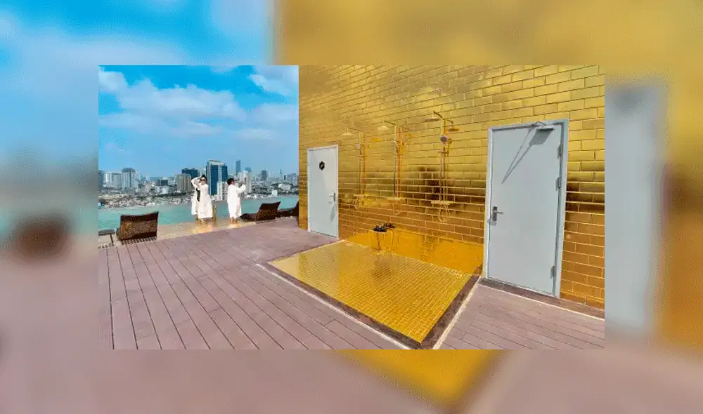 La gran piscina y sus duchas están revestidas de oro. Foto: AFP.