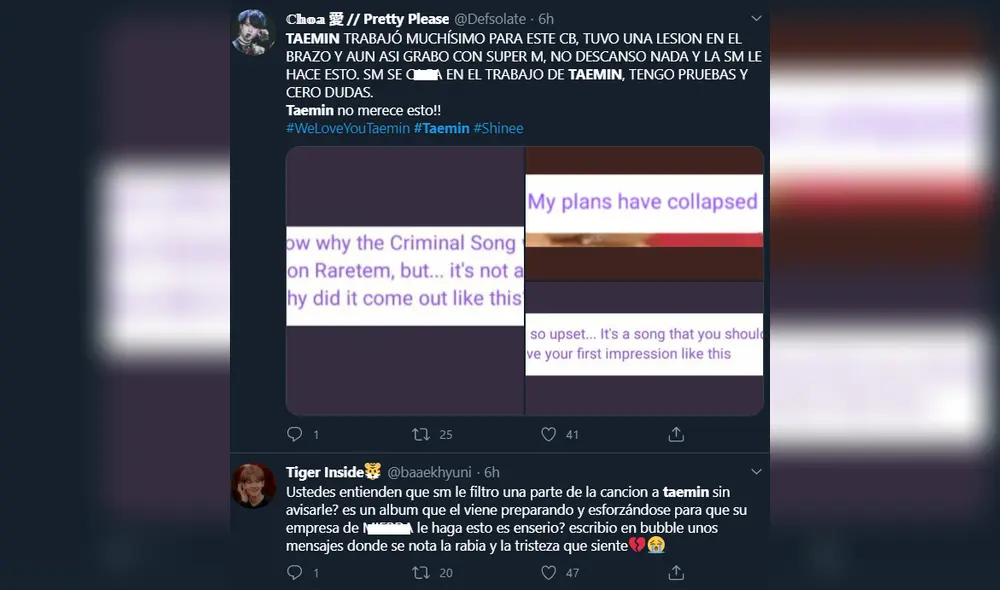 Comentario sobre Taemin. Créditos: Captura Twitter