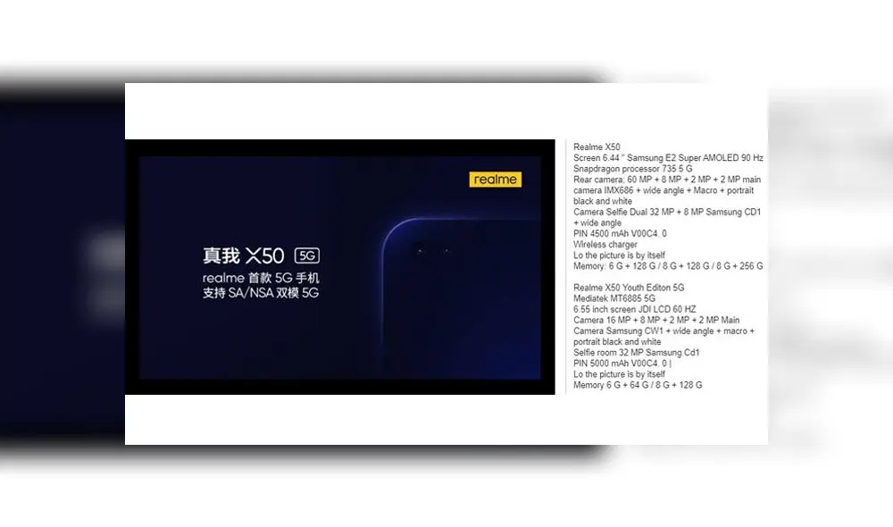 Realme x50 5G tendrá cuádruple cámara trasera y doble cámara frontal.