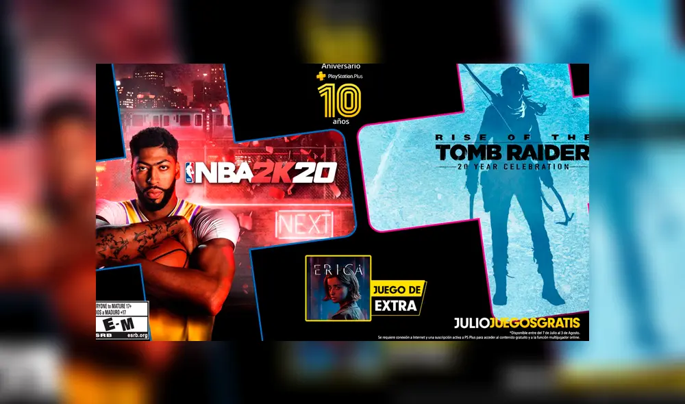 NBA 2K20, Rise of the Tomb Raider 20 year celebration y Erica son los juegos de julio para suscriptores a PlayStation Plus. Foto: PlayStation.