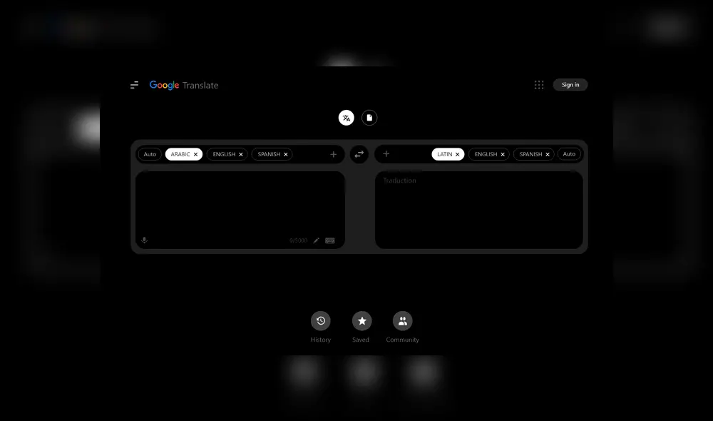 Así se ve el modo oscuro en la plataforma de Google Translate.