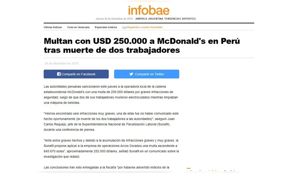 Multan con USD 250.000 a McDonald's en Perú tras muerte de dos trabajadores. Foto: Captura. Multan con USD 250.000 a McDonald's en Perú tras muerte de dos trabajadores. Foto: Captura.