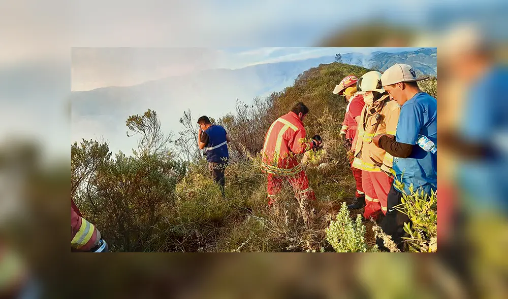 Ardua labor. Policías, militares, bomberos y comuneros trabajan para apagar las llamas de fuego en Tingo.