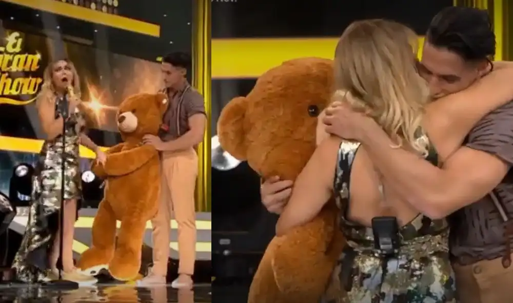 Gisela Valcárcel recibió un oso de peluche de facundo González. Foto: Composición/ Captura/ América TV.