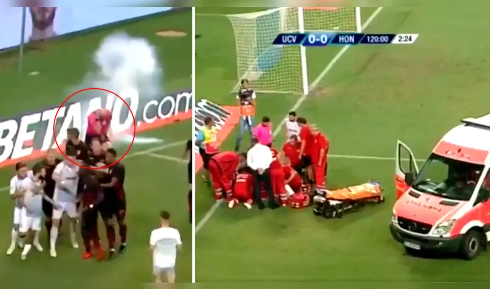 Europa League: petardo estalla cerca de árbitro en partido que se jugó en Rumania. Foto: Captura de video. Europa League: petardo estalla cerca de árbitro en partido que se jugó en Rumania. Foto: Captura de video.