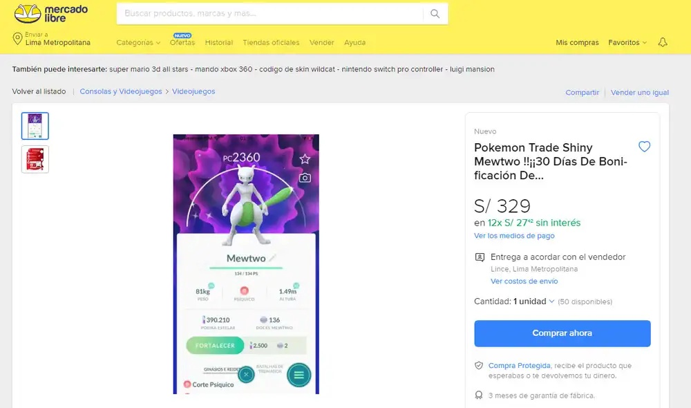 MewTwo shiny de Pokémon GO está siendo vendido a S/ 329. Foto: captura de Mercado Libre