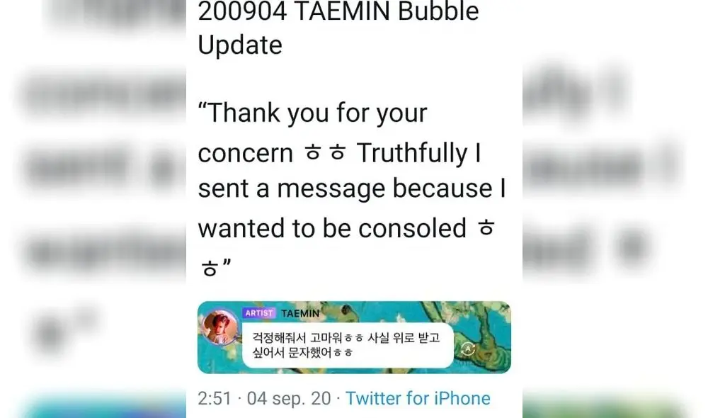 Comentario sobre Taemin. Créditos: Captura Twitter