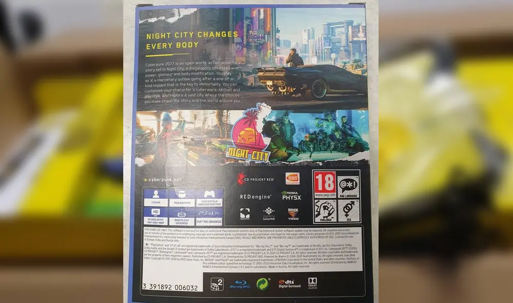 Parte trasera del estuche de Cyberpunk 2077. Foto: Vandal